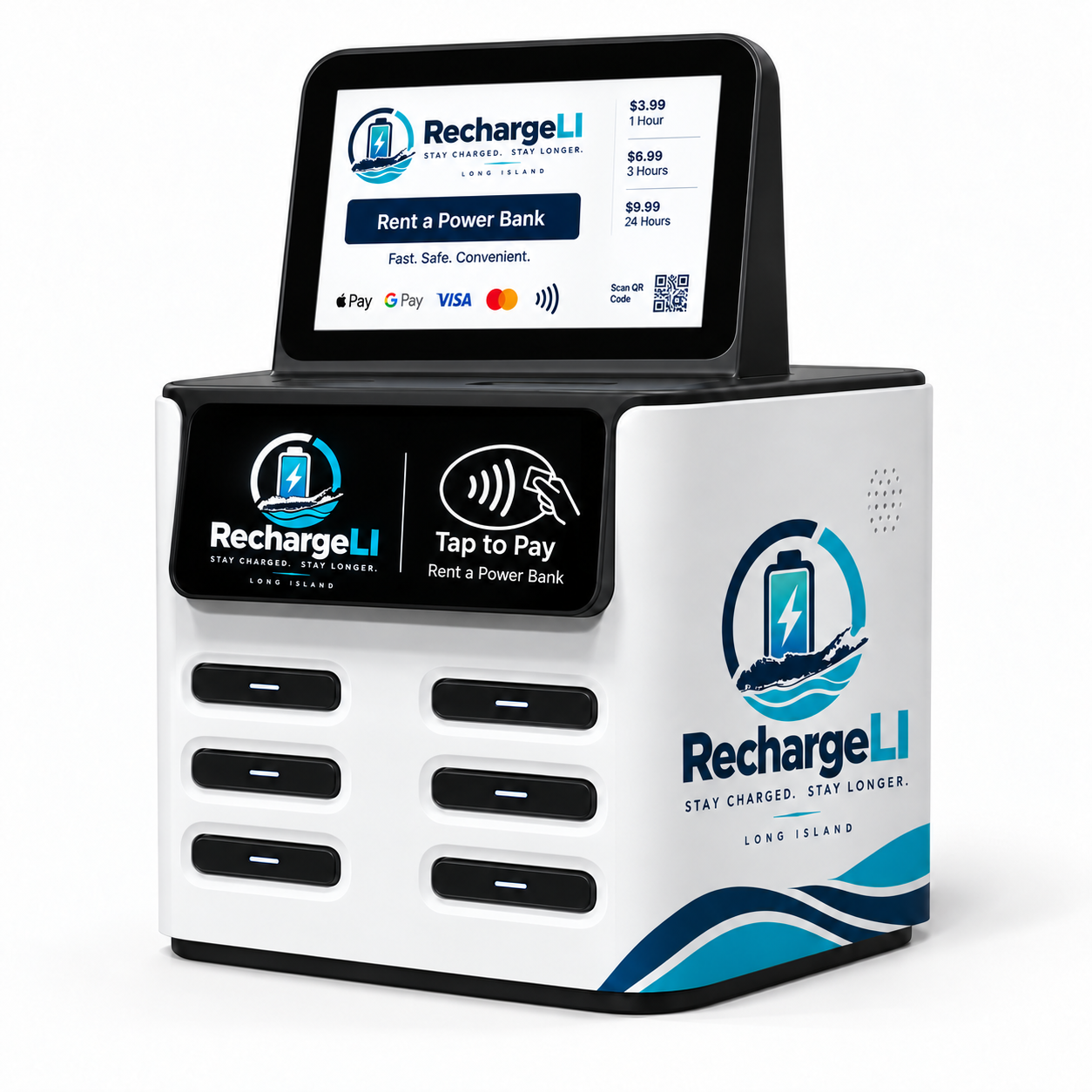 RechargeLI charging kiosk with branded portable power banks
